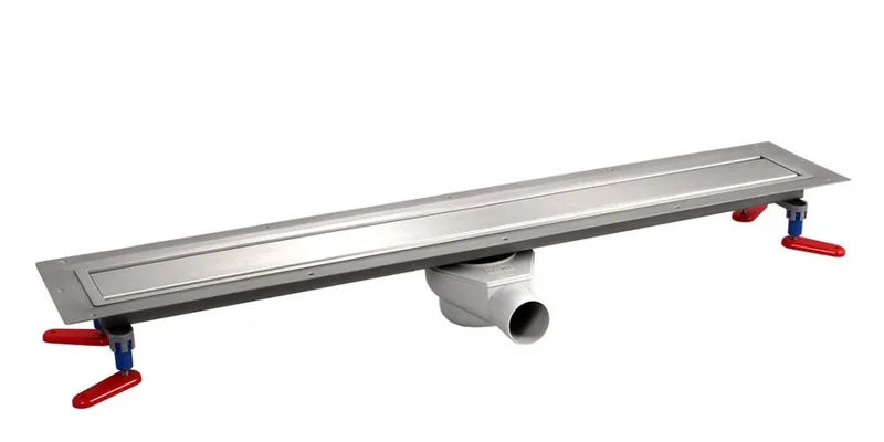 Wiper VF linear drain with its waste trap and adjustable legs